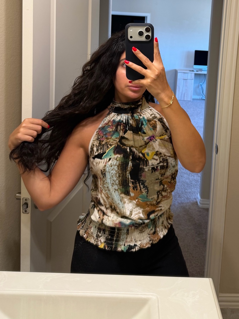 Smocked Halter Neck Abstract Print Blouse - Multicolor